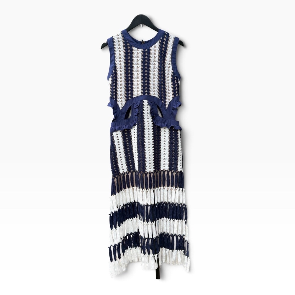 Self-Portrait Crochet Dress Womens Large Navy White EUC Ruffle Cutout Designer